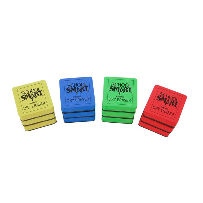 School Smart Magnetic Whiteboard Erasers, 2 x 2 Inches, Assorted Colors, Pack of 12