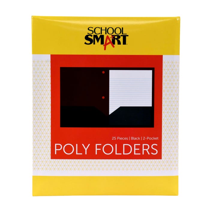 School Smart 2-Pocket Poly Folders, Letter Size, 3-Hole Punch, Black, Pack of 25