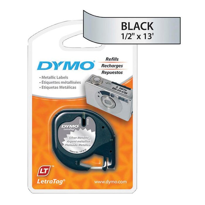 Dymo LetraTag Label Tape, 1/2 Inch x 13 Feet, Plastic, Metallic Silver