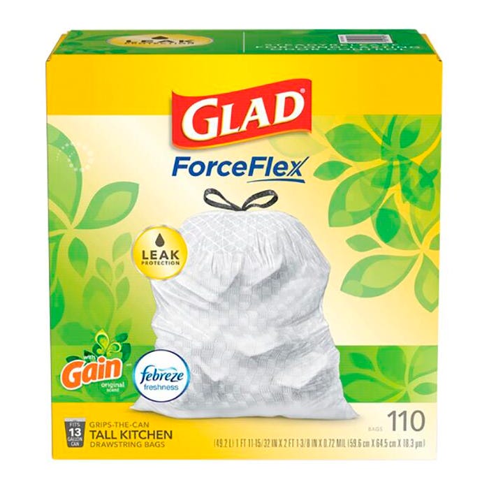 Glad ForceFlex Drawstring Tall Trash Bags, 13 Gallon, Gain Scent, White, 110 Count Box