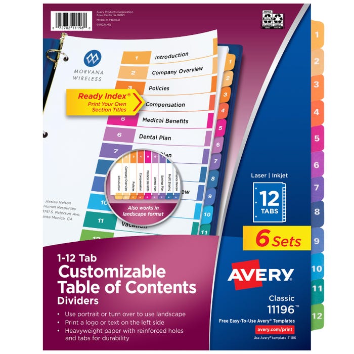 Avery Ready Index Dividers, 12 Tab, 1-12, Assorted Colors, 6 Sets