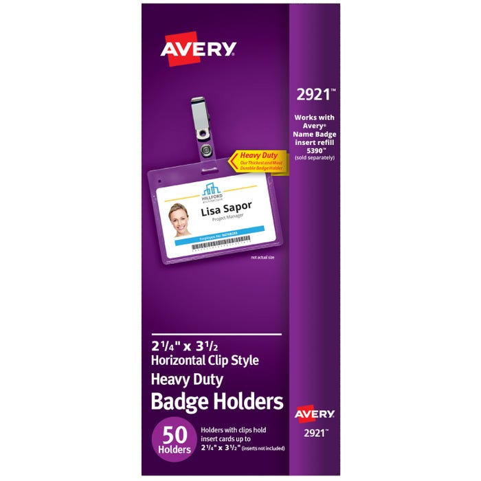 Avery Flexible Horizontal Badge Holder with Landscape Clip Attachment, 2-1/4 in X 3-1/2 in, Polypropylene, Clear, Pack of 50
