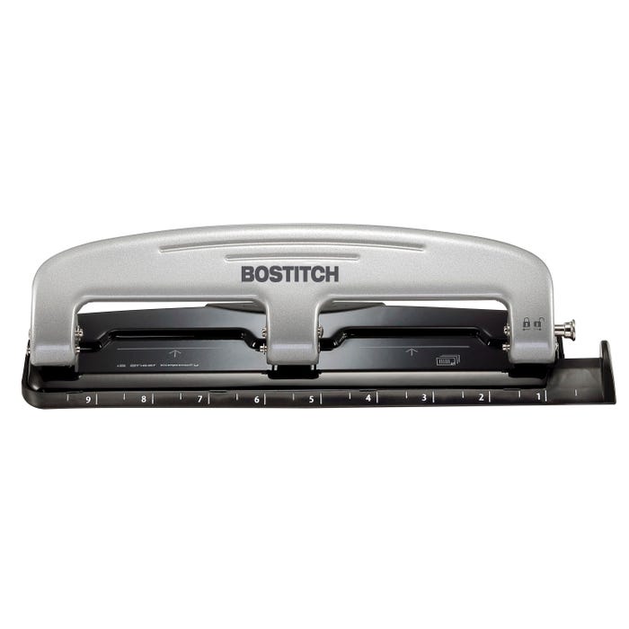 Bostitch EZ Squeeze 3-Hole Punch, 12 Sheets, Silver and Black