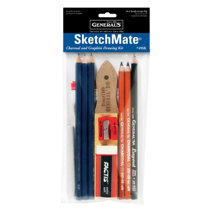 General's SketchMate Charcoal and Graphite Drawing Set, Assorted Hardness, Assorted Tools, Set of 10