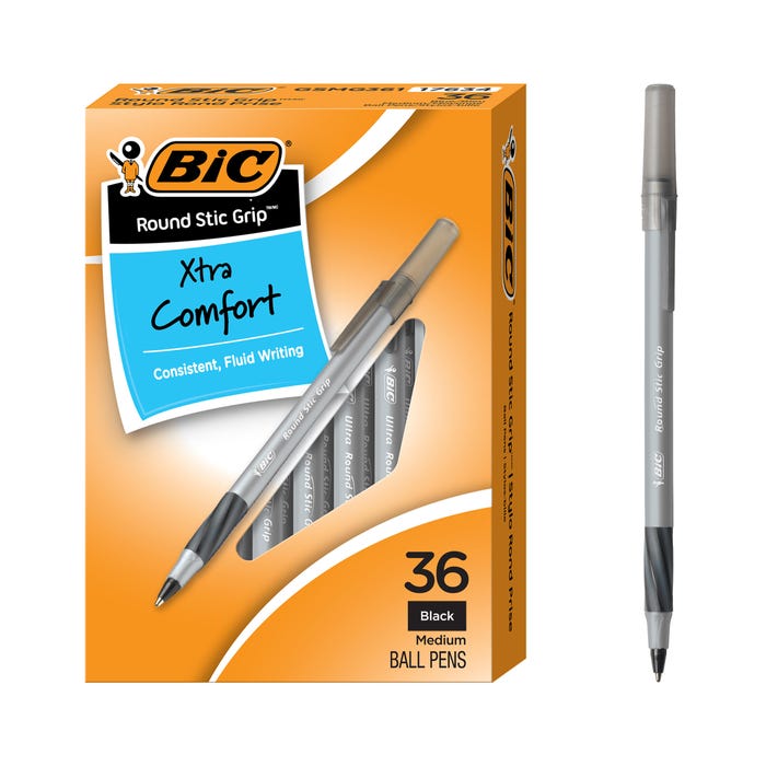 BIC Xtra Comfort Round Stick Pen, 1.2 mm Medium Tip, Black, Pack of 36