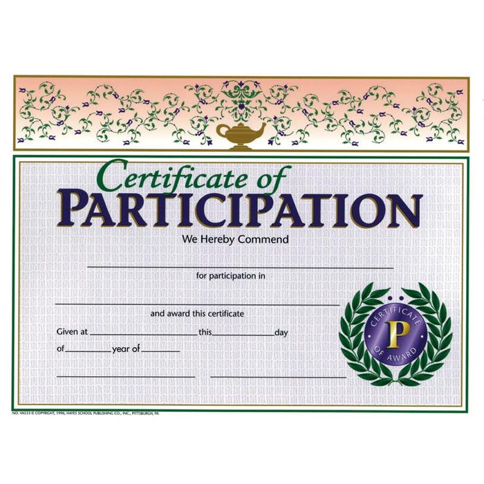 Hayes Participation Certificate, 11 x 8-1/2 inches, Paper, Pack of 30