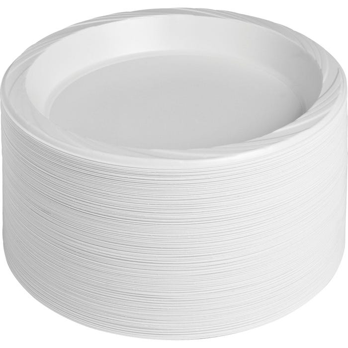 Genuine Joe Disposable/Reusable Round Plastic Plate, 10-1/4 W in, White, Pack of 125