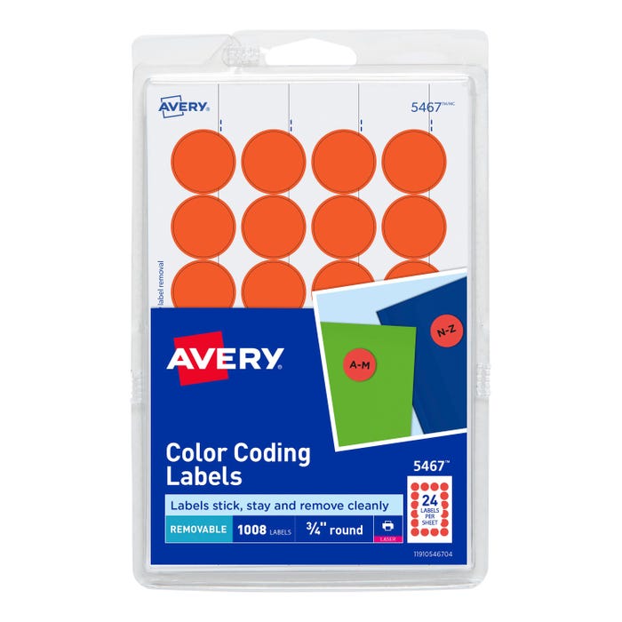 Avery Printable Color Coding Labels, 3/4 Inch Diameter, Neon Red, Pack of 1008