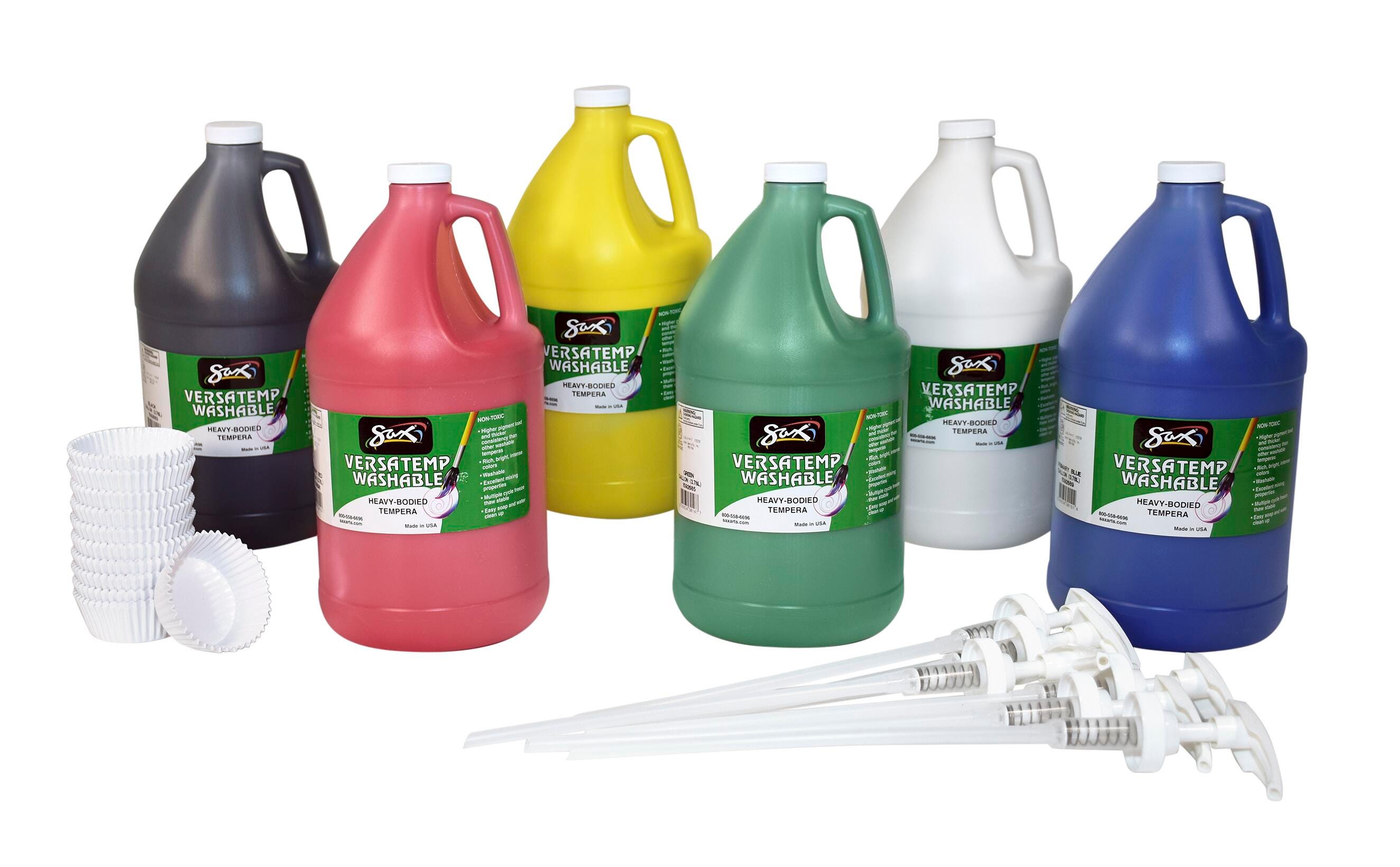 Sax Versatemp Washable Heavy-Bodied Deluxe Tempera Paint Kit with Pumps and Cups, Assorted Colors, Set of 112 1593021
