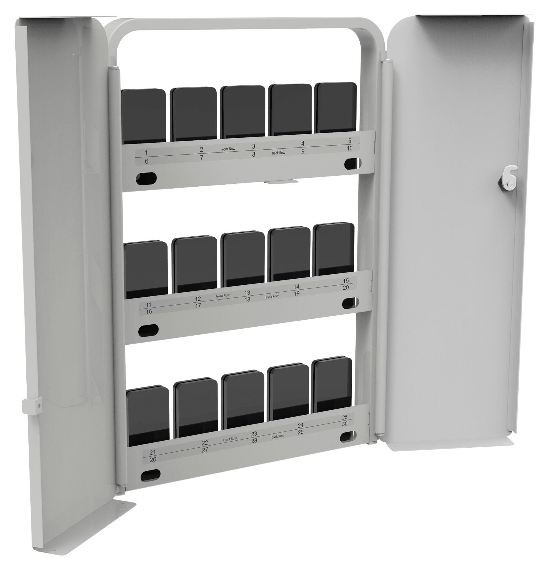 Image for Copernicus Wall Mounted Phone Storage Cabinet with Mounting Kit, Holds 30 Devices, 21-1/2 x 4 x 30-3/4 Inches, Black and Green from School Specialty