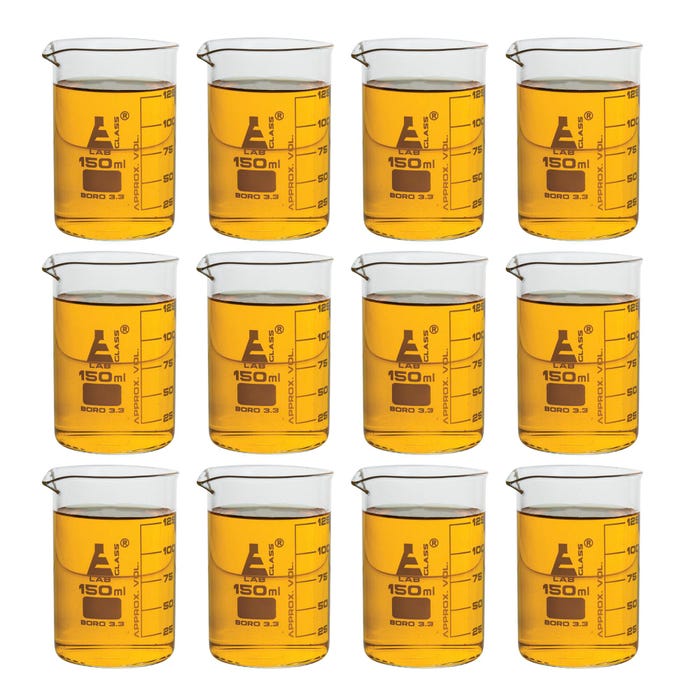 Eisco Labs Low Form Beaker with Spout, Borosilicate Glass, 150mL, Pack of 12
