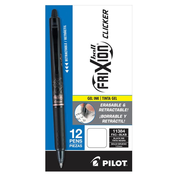 Pilot FriXion Clicker Erasable Gel Ink Pens, Bold Point, Black Ink, Pack of 12