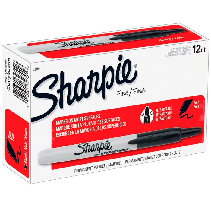 Sharpie Retractable Permanent Markers, Fine Tip, Black, Pack of 12