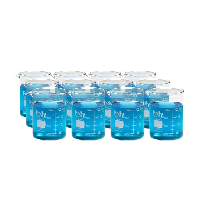 Frey Scientific Borosilicate Glass Beakers, 250 mL, Pack of 12