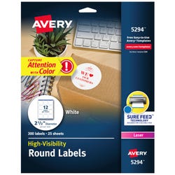 Image for Avery Permanent Round ID Labels, 2-1/2 Inch Diameter, Matte White, Pack of 300 from School Specialty