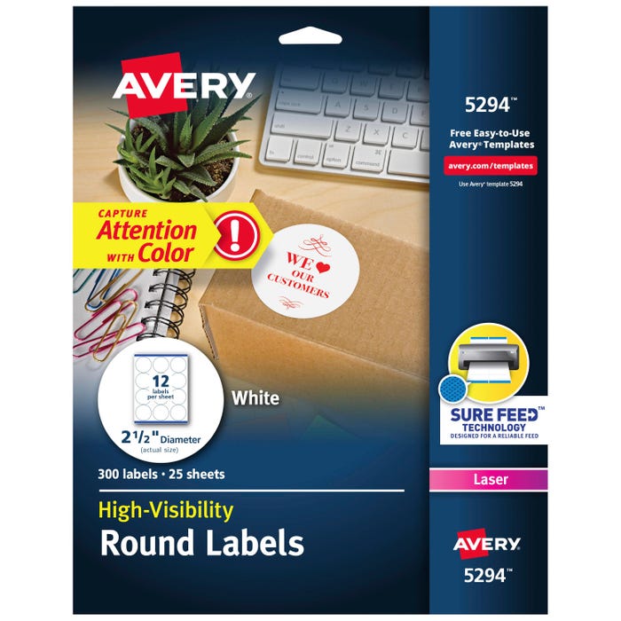 Avery Permanent Round ID Labels, 2-1/2 Inch Diameter, Matte White, Pack of 300