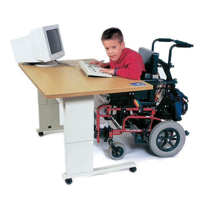 Populas Wheelchair Accessible Computer Workstation with Hand Crank, 48 X 30 in, Steel Base, Almond, Powder Coated