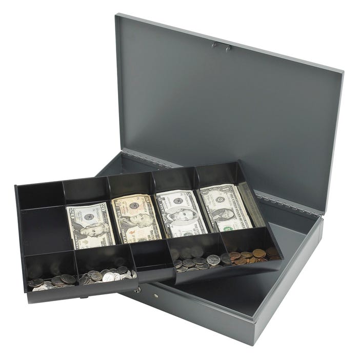 Sparco Locking Cash Box with Key Lock and Tray, 2 x 15 x 10-1/2 Inches, 10 Compartment, 2-Key, Steel, Gray
