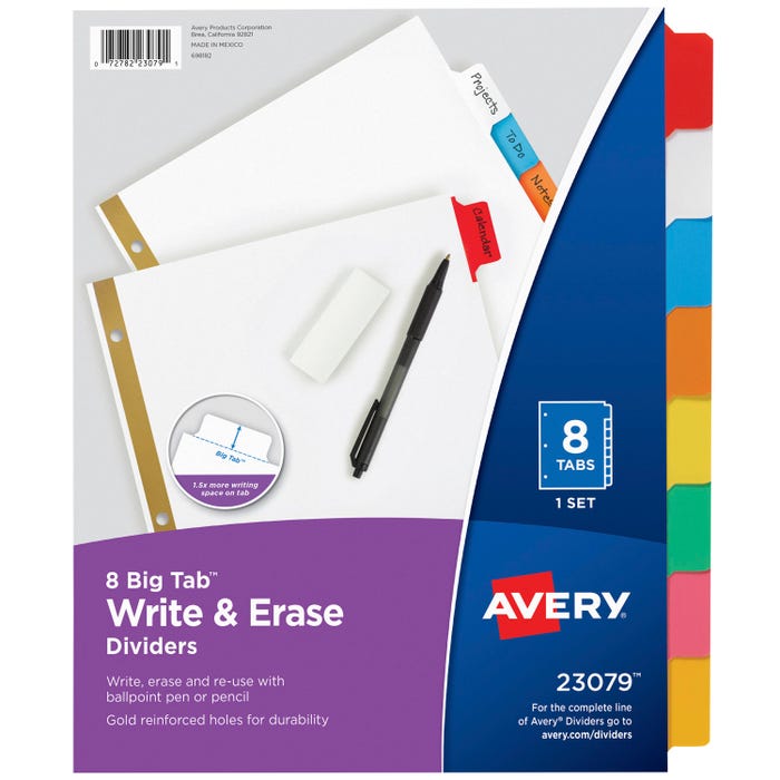 Avery 23079 Big Tab Write and Erase Dividers, 8 Tab, 8-1/2 x 11 Inches, Multi-Color