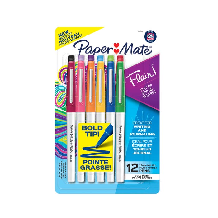Paper Mate Flair Felt Tip Pens, Bold Point, 1.2 mm, Assorted Colors, Pack of 12