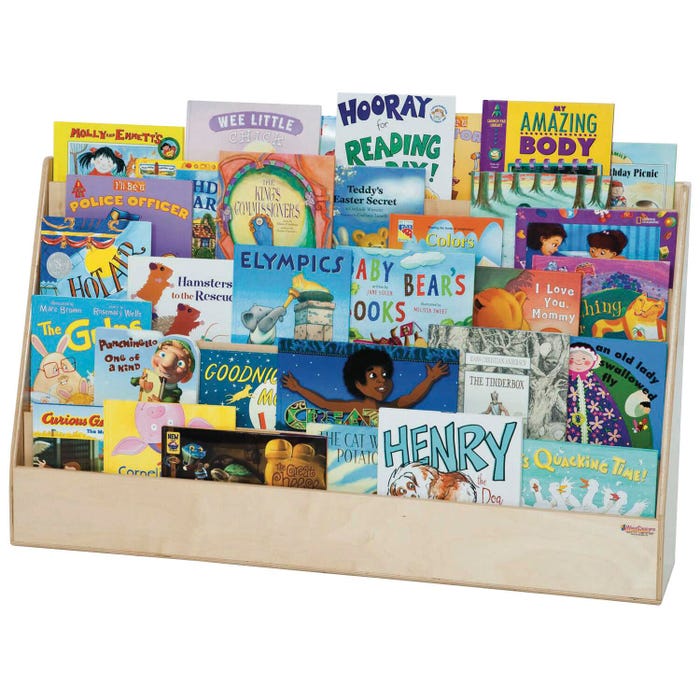 Wood Designs Double-Sided Extra Wide Book Display Stand with 4 Storage Shelves, 48 x 11 x 29 Inches
