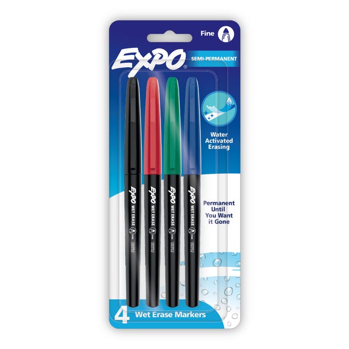 EXPO Wet Erase Semi-Permanent Markers, Fine Point, Assorted Colors, Set of 4