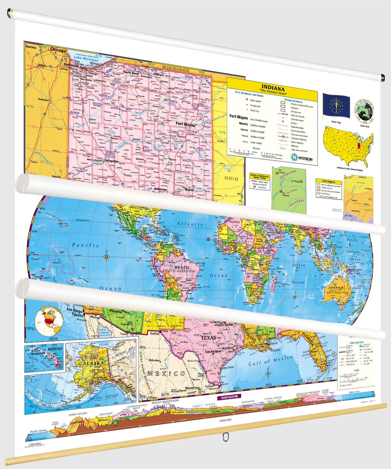 Social Studies INDIANA/U.S./WORLD MAP COMBO, Markable, Erasable, Grades 4-12, Item Number 1566302