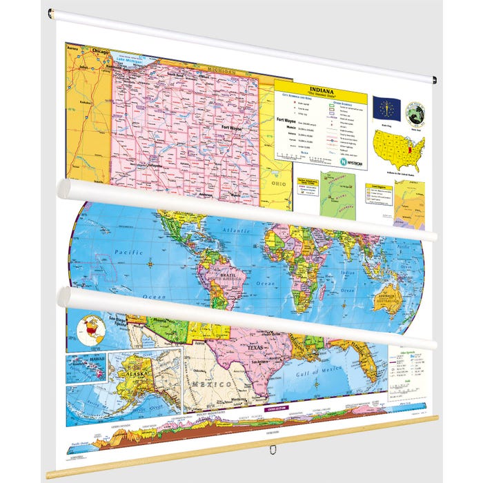 Social Studies INDIANA/U.S./WORLD MAP COMBO, Markable, Erasable, Grades 4-12