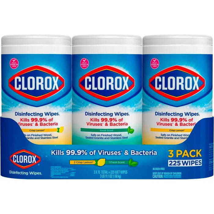 Clorox Bleach Free Disinfecting Wipes, Crisp Lemon and Fresh Scents, Pack of 3 with 75 Sheets Each