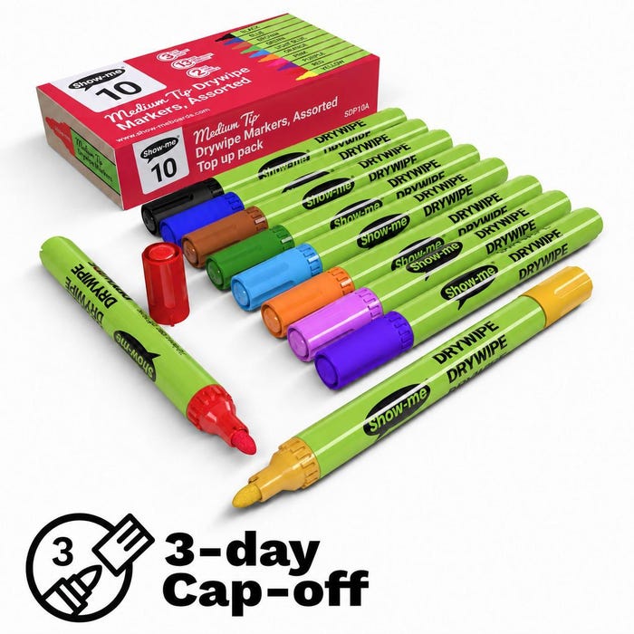 Show-me Drywipe Markers, Fine Tip, Assorted Colors, Box of 10