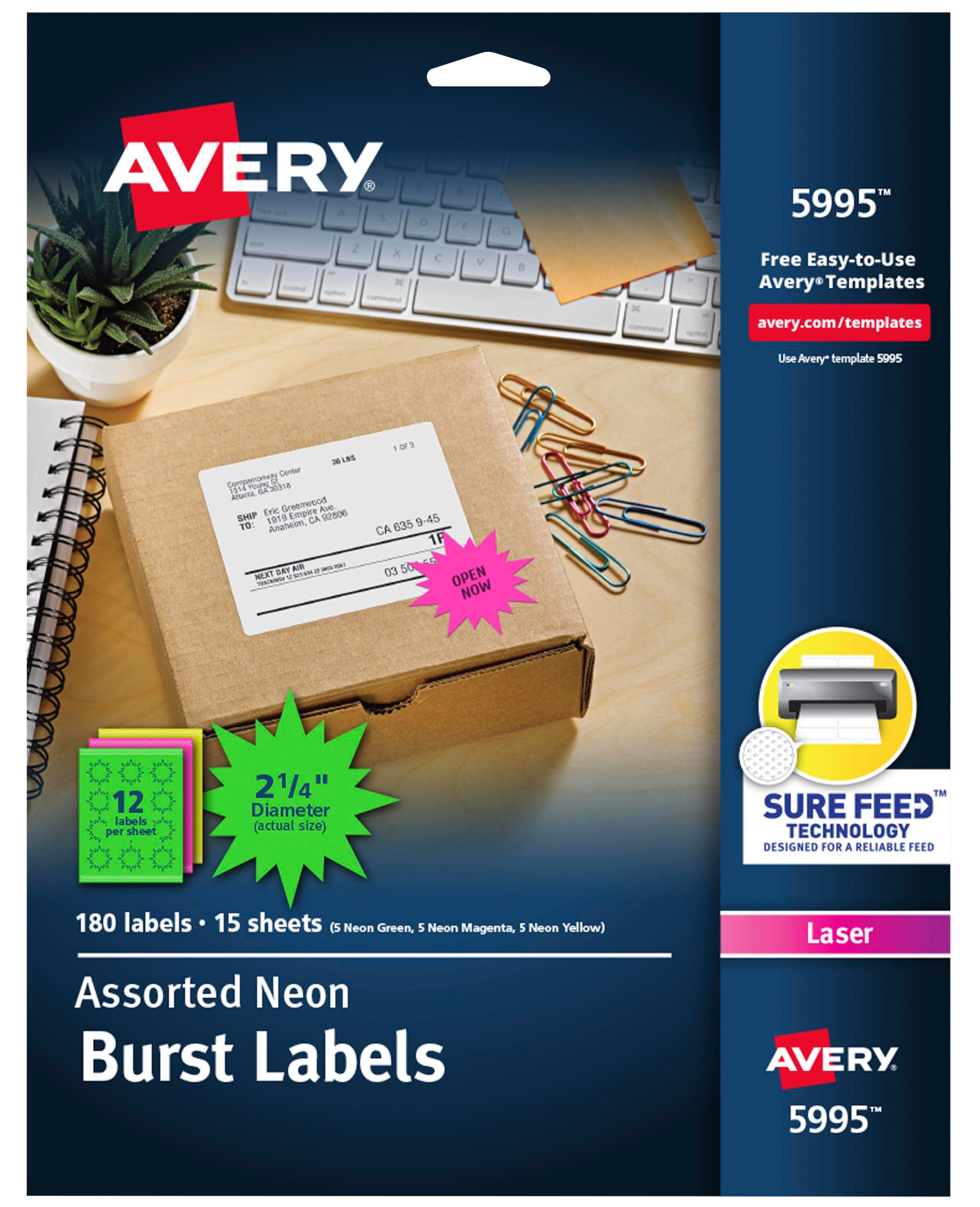 Avery Permanent Laser Labels, 2-1/4 Inch Diameter, Assorted Neon Burst, Pack of 180 1081644