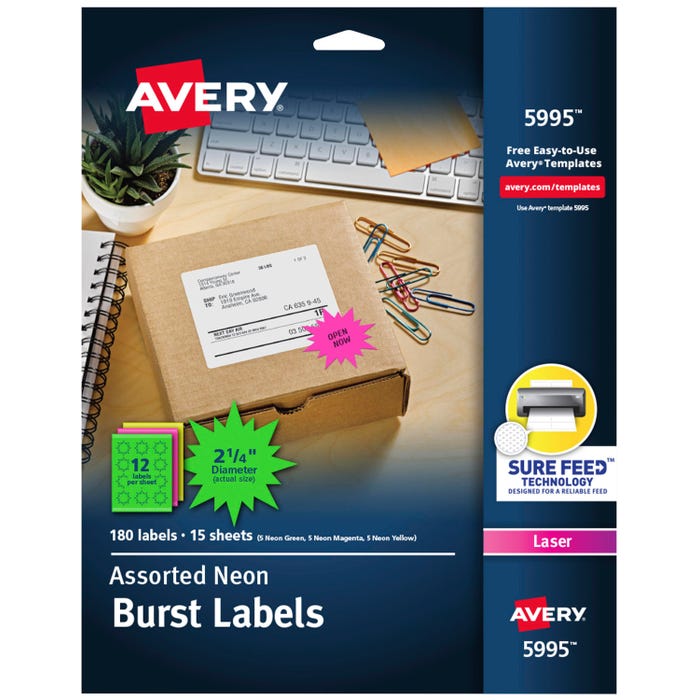 Avery Permanent Laser Labels, 2-1/4 Inch Diameter, Assorted Neon Burst, Pack of 180