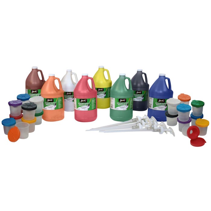 Sax Versatemp Washable Heavy-Bodied Deluxe Tempera Paint Kit with Pumps and Cups, Assorted Colors, Set of 36