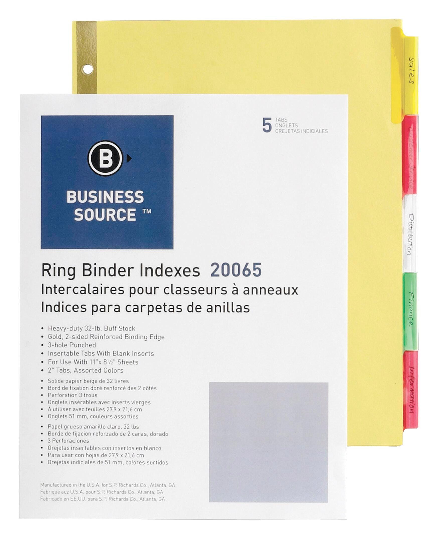 Business Source Insertable Tab Indexes, 5 Tab, Buff Paper, Multi-Color Tabs 1600094