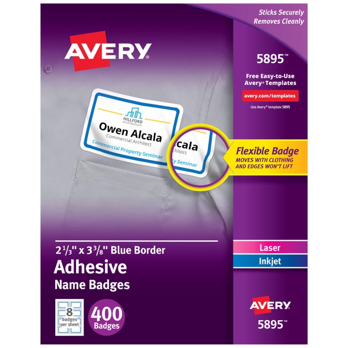 Avery Adhesive Name Badges, 2-1/3 x 3-3/8 Inches, Blue Border, Pack of 400
