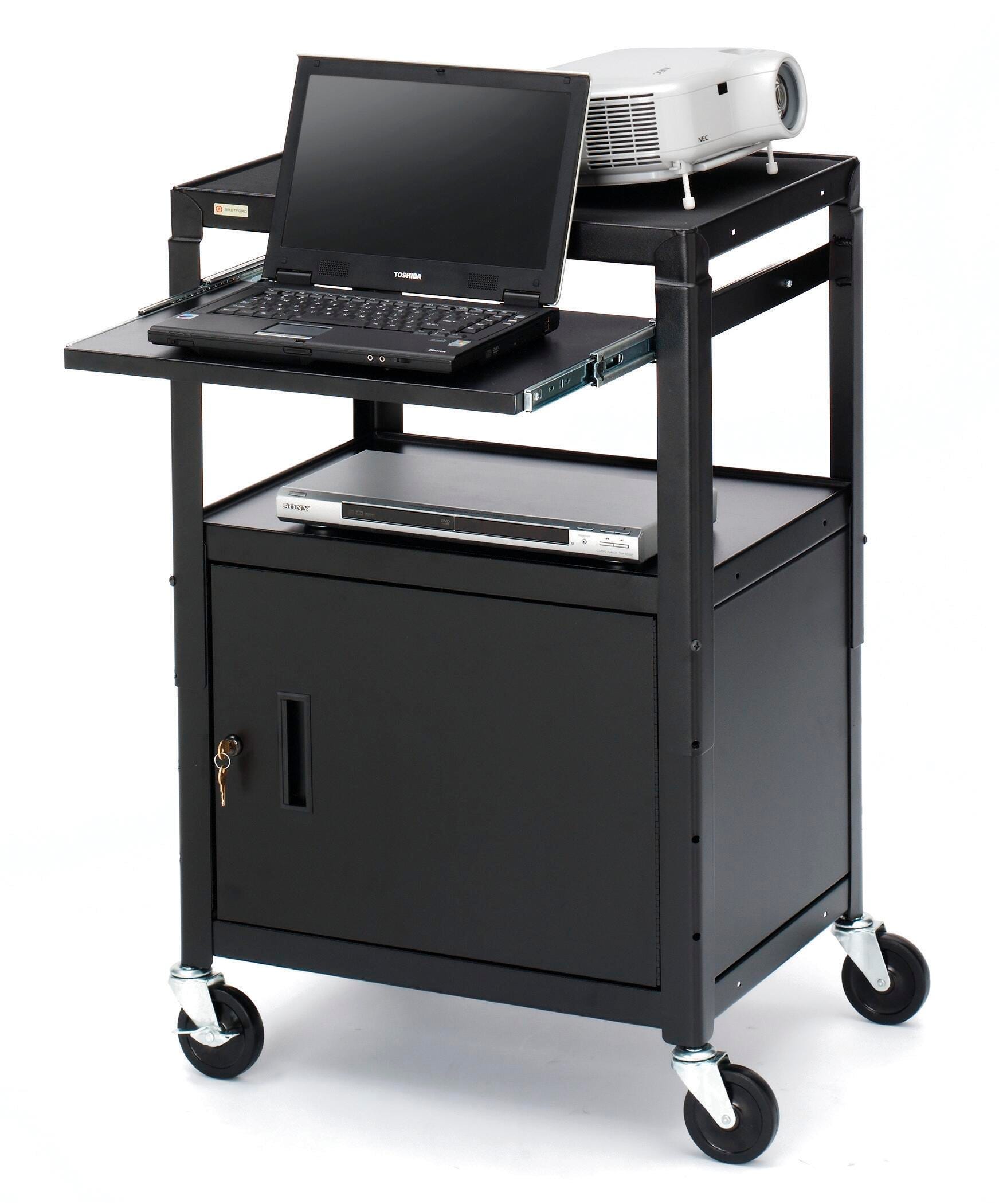 Bretford Adjustable Cart With Cabinet-4 Inch Casters-Power-1 Laptop Shelf, 24 W X 18 D X 26-42 H, Black, Item Number 1364925