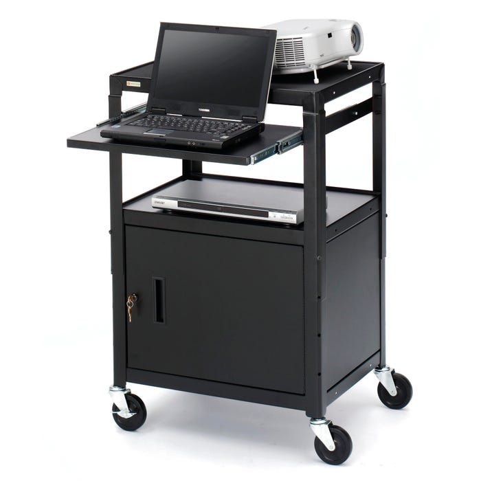 Bretford Adjustable Cart With Cabinet-4 Inch Casters-Power-2 Laptop Shelves, 24 W X 18 D X 26-42 H, Black