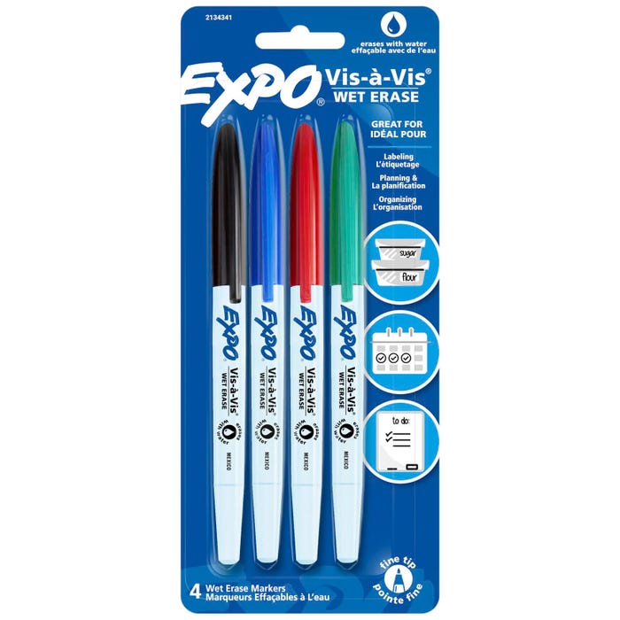 EXPO Vis-A-Vis Wet Erase Markers, Fine Point, Assorted Colors, Set of 4