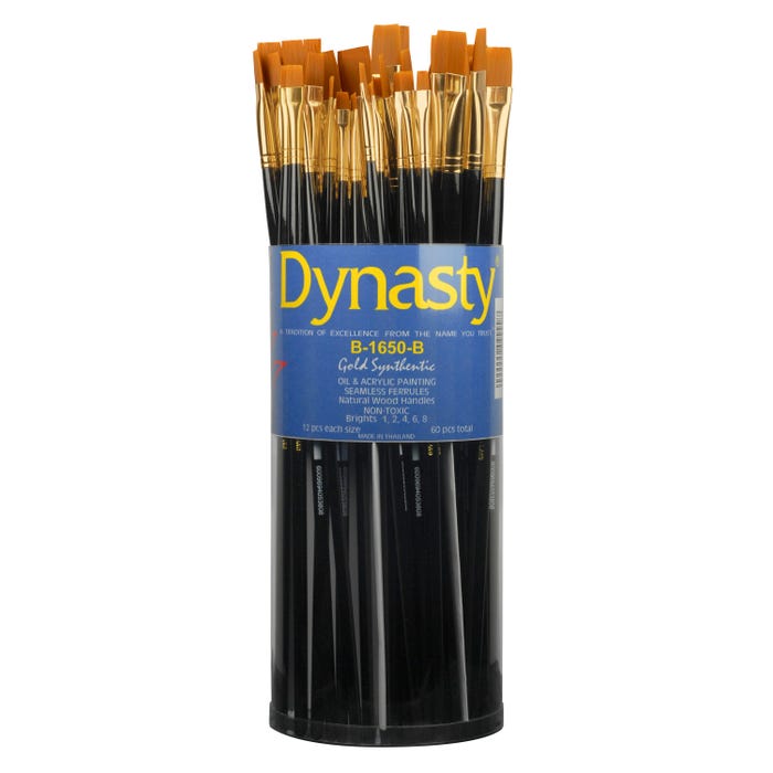 Dynasty Brush B-1650 Finest Golden Synthetic Classroom Brushes in Cylinder, Bright Type, Long Handle, Assorted Sizes, Set of 60