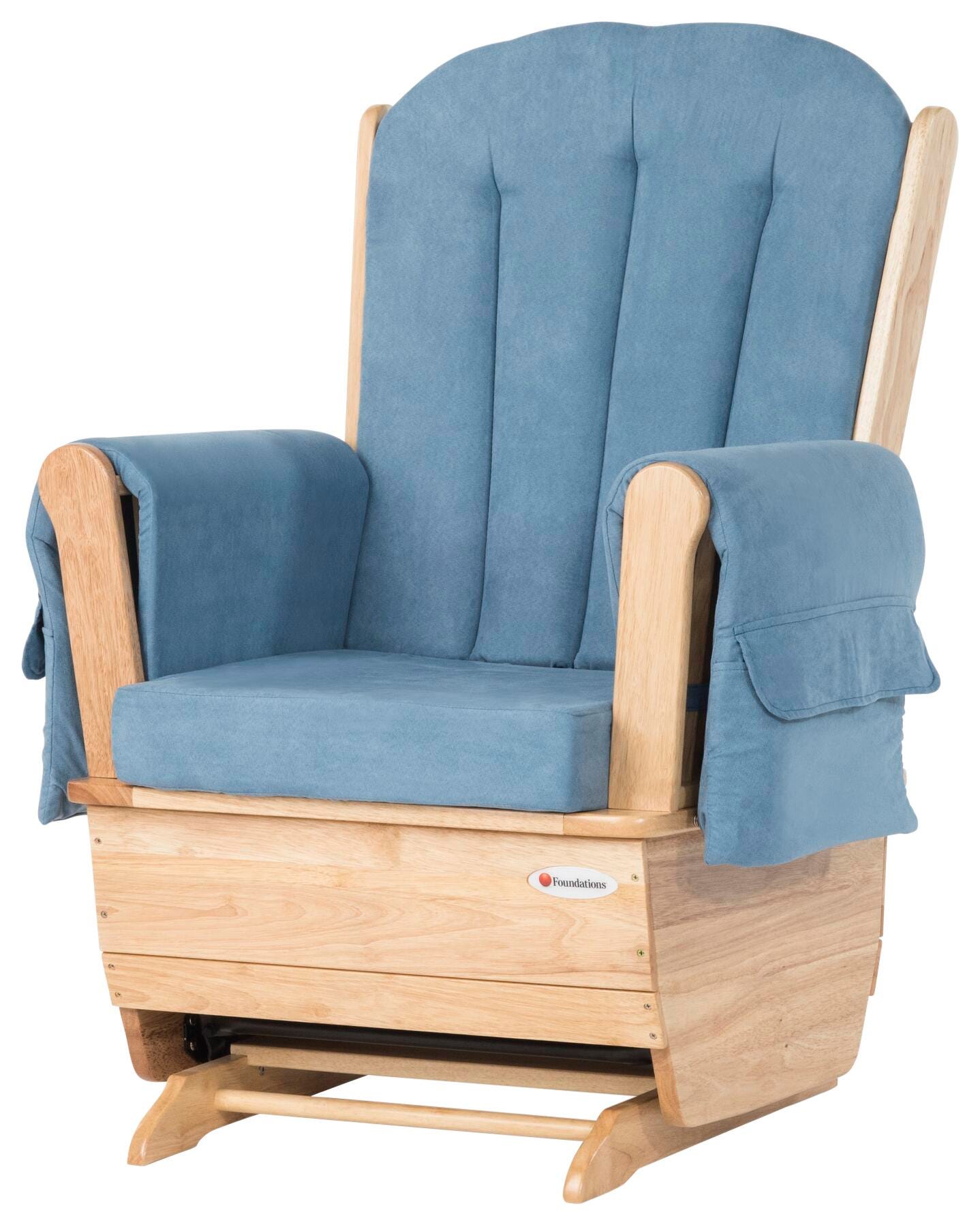 Foundations SafeRocker Standard Glider Chair with Blue Cushion, Extra-Wide Seat, 30 x 29 x 43 Inches, Natural 1472121