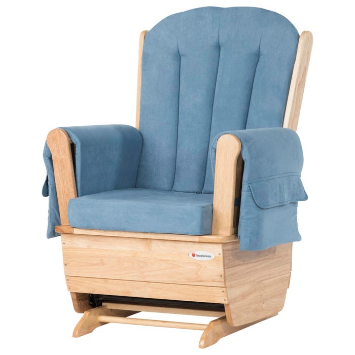 Foundations SafeRocker Standard Glider Chair with Blue Cushion, Extra-Wide Seat, 30 x 29 x 43 Inches, Natural