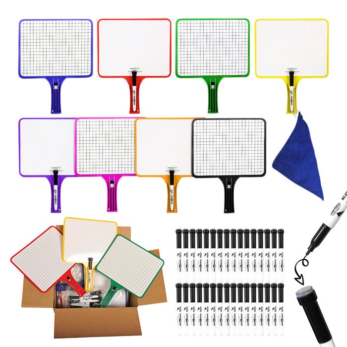 KleenSlate Rectangular Dry Erase Boards with Dry Erase Markers, Two-Sided, Graph/Plain, Assorted Colors, Pack of 32