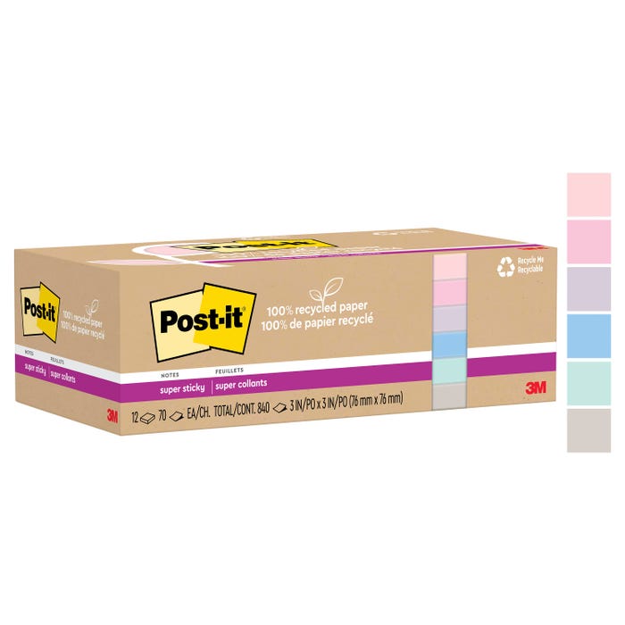 Post-it Super Sticky Recycled Notes, Wanderlust Pastels, 3 x 3 Inches, Pack of 12