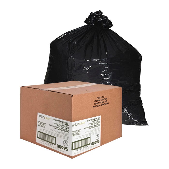 Nature Saver Low Density Recycled Can Liners, 60 Gallon, 2 mil, Black, 100 Count Box