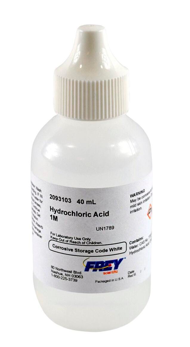 Frey Scientific Hydrochloric Acid, 1.0M Solution, Lab Grade, 40mL Item Number 2093103