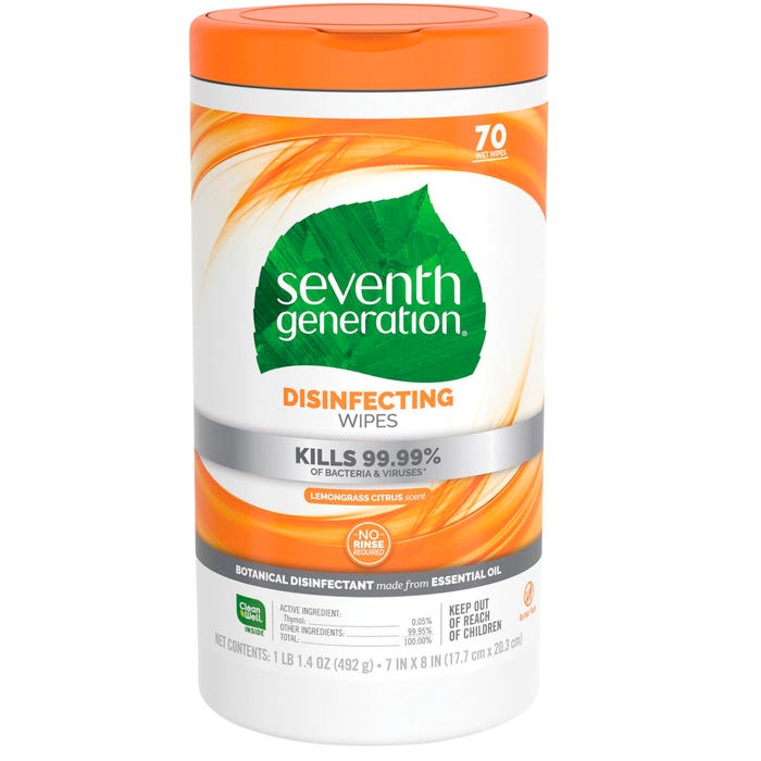 Seventh Generation Disinfecting Wipe, 8 X 7 in, Thyme/Lemongrass Scent, White, Pack of 70