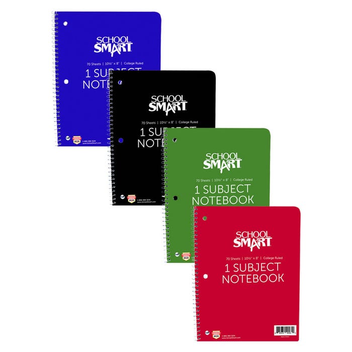 School Smart College Ruled Spiral Notebook, 8 x 10-1/2 Inches, 1 Subject, Assorted Colors, 70 Sheets