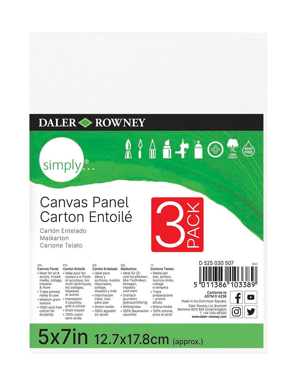 Daler-Rowney Simply Canvas Panel, 5 x 7 Inches, Pack of 3, Item Number 2096257