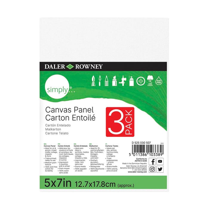 Daler-Rowney Simply Canvas Panel, 5 x 7 Inches, Pack of 3