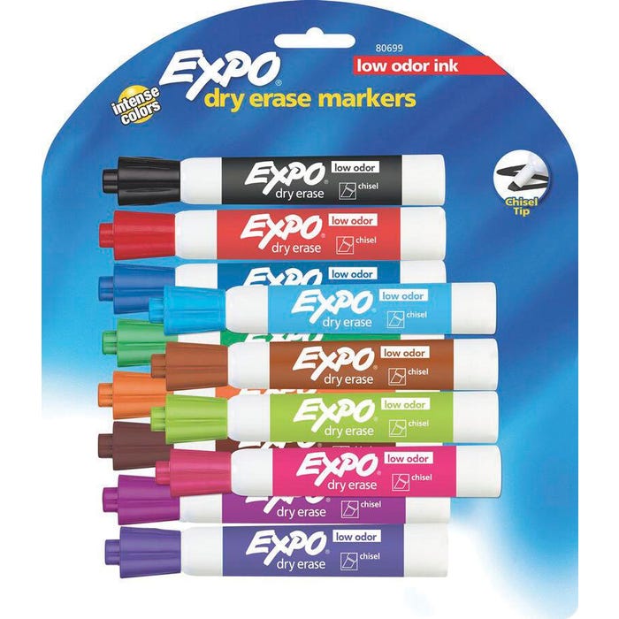 EXPO Low Odor Dry Erase Markers, Chisel Tip, Assorted Colors, Pack of 12